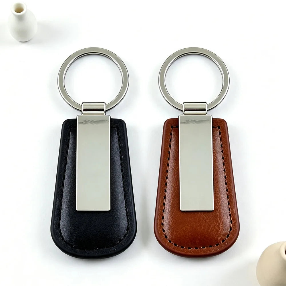Wholesale Metal Stainless Steel Car Moto Keychain Fan Shaped Leather Keyring Custom Name Laser Engraving Logo High-end Gift