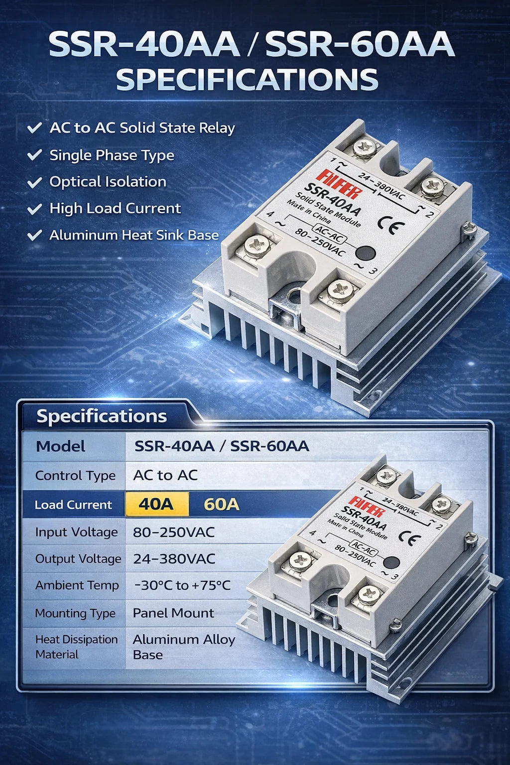 SSR-25AA 40AA 60AA AC Solid State Relay Single Phase AC-AC 80-250VAC Input 24-380VAC Output