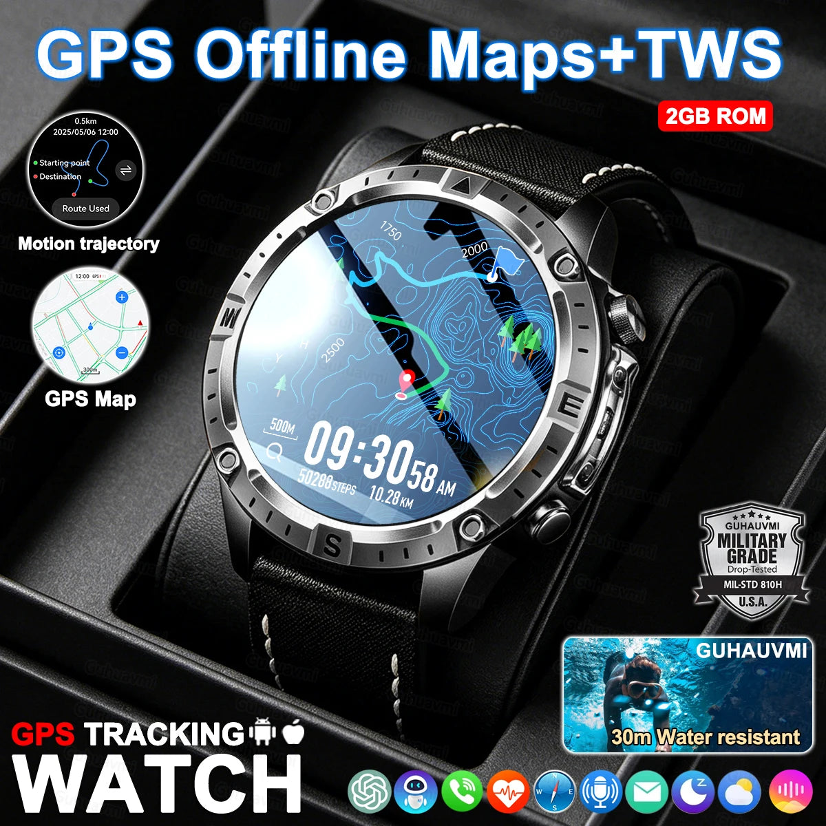 Smart Watch Men GPS Track High End watch Swim Waterproof Smart Watches Swim six axis sensor Sports Smartwatch 2GB Memory GPS Map