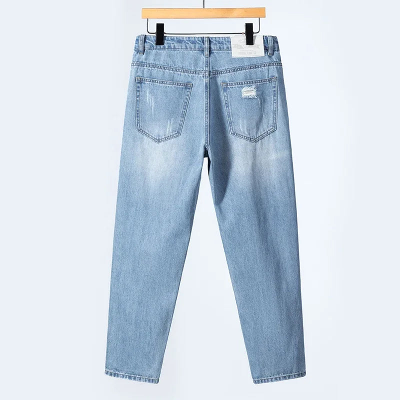 Summer Thin Ripped Jeans Mens Straight Breathable Washed Denim Trousers Casual Streetwear Harlen Ankle Length Pants Light Blue
