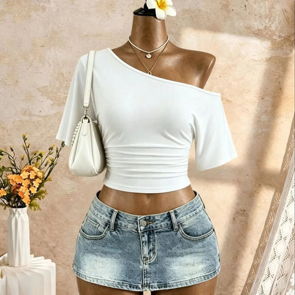 Women One Shoulder Short Sleeve Side Ruched Cropped T Shirt 2026 Summer Y2K Going Out Casual Streetwear Tops