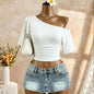 Women One Shoulder Short Sleeve Side Ruched Cropped T Shirt 2026 Summer Y2K Going Out Casual Streetwear Tops