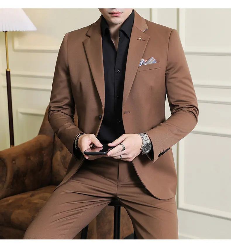 High quality Korean slim fit (suit + trousers) Fashion business handsome casual solid color wedding suit two-piece set