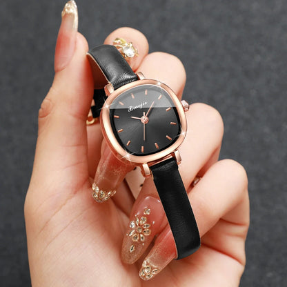 5PCS Elegant Women Watch Jewelry Set Fashion Leather Strap Quartz Wristwatch Heart Necklace Earrings Bracelet Gift (Without Box)