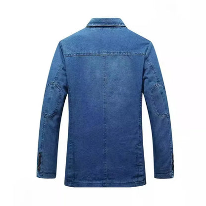 KIDWHXR Man Denim Blazer Autumn Business Casual Single-breasted Men Jacket Retro Loose Long Sleeve Pocket Male Jean Suit Coat
