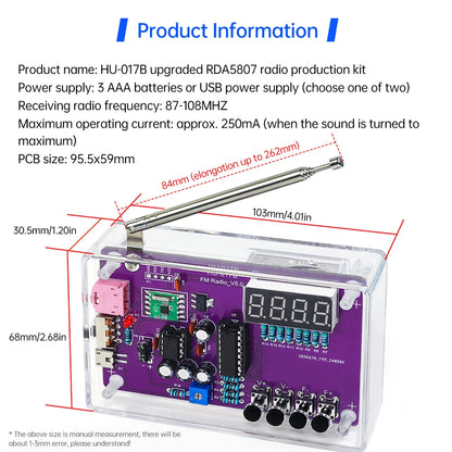 DIY FM Radio Electronic Kit Adjustable Frequency 87-108MHz Practice Soldering RDA5807S Digital Display DIY Soldering HU-017B