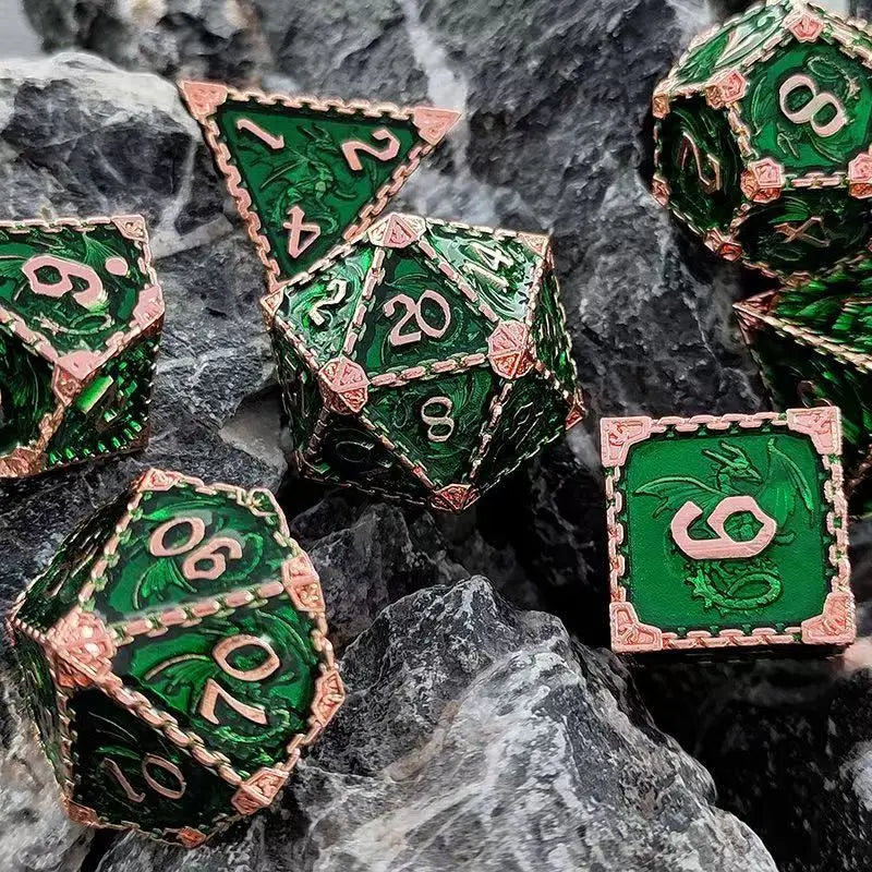 7 Pcs Cosplay D4-D20 DND Brass Gold Polyhedral Sharp Edge Casino Dice Rpg Table Board Game Tray Gem Stone Dragon Metal Steel Set