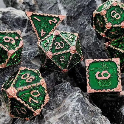 7 Pcs Cosplay D4-D20 DND Brass Gold Polyhedral Sharp Edge Casino Dice Rpg Table Board Game Tray Gem Stone Dragon Metal Steel Set