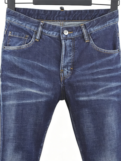 6057 Four Seasons New Men's Wear Washed Ripped Patch Paint Slim-fit Feet Blue Jeans for Men