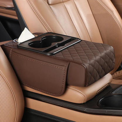 Car Armrest Box Multifunctional Thicken Height Pad Arm Rest Cushion with Pocket Tissue Cup Holder PU Elbow Support Height Pad