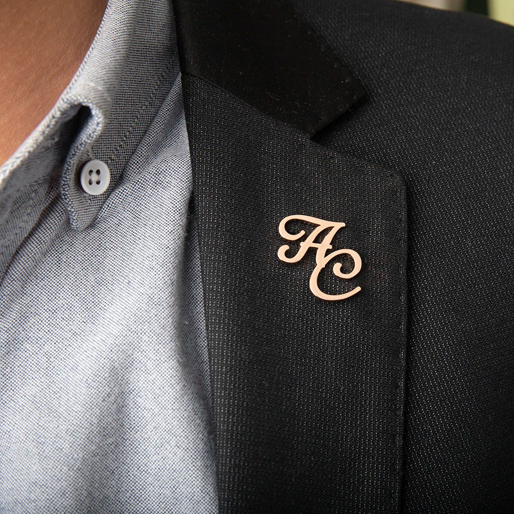 Tangula Custom Initials Brooch For Groom Men's Stainless Steel Initials Letters Lapel Pin Personalized Wedding Best Man Jewelry