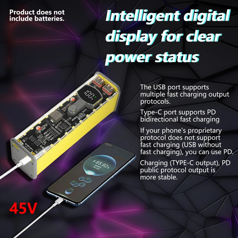 22.5W/45W 18650 Power Bank Case Fast Charging DIY Transparent Battery Storage Box Digital Display USB Type-C Battery Holder