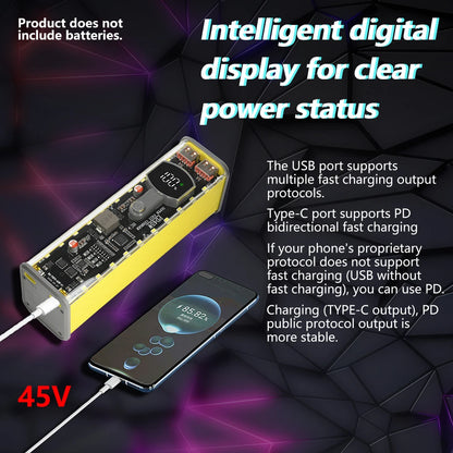 22.5W/45W 18650 Power Bank Case Fast Charging DIY Transparent Battery Storage Box Digital Display USB Type-C Battery Holder