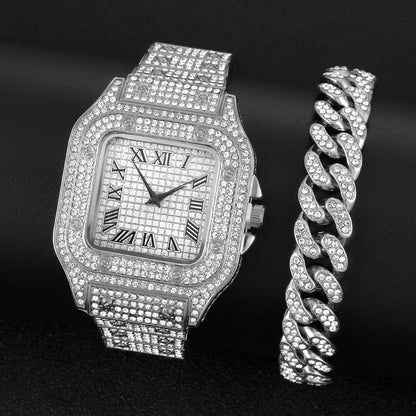 2024 Full Iced Out Watch Mens Cuban Link Chain Bracelet watch Bling Jewelry for Men Big Gold Chains Hip Hop Men Watch Set