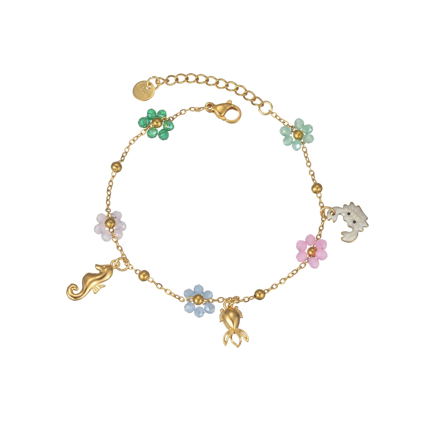 Freeteeme Fashion Colorful Flower Bracelet for Women Girls Stainless Steel Jewelry Gold Color Beads Chain Valentine's Day Gift