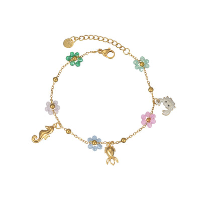 Freeteeme Fashion Colorful Flower Bracelet for Women Girls Stainless Steel Jewelry Gold Color Beads Chain Valentine's Day Gift