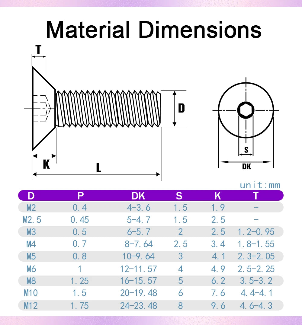 304 Stainless Steel DIN7991 Countersunk Head Hex Socket Screws Bolt Allen Thread Machine Metal Screws M2 M2.5 M3 M4 M5 M6 M8 M10