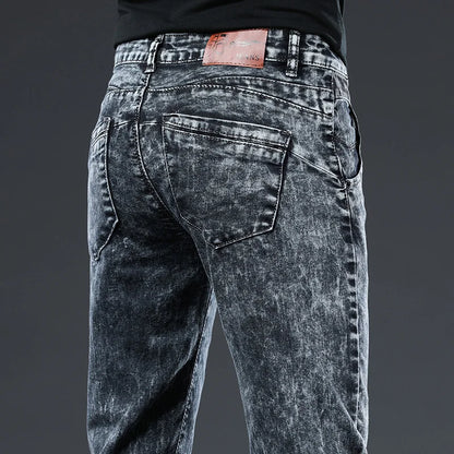 2024 Classic Korean Fashion Street Trendy Men Skinny Retro Snowflake Design Slim Fit Denim Pants New Elastic Cotton Men Jeans