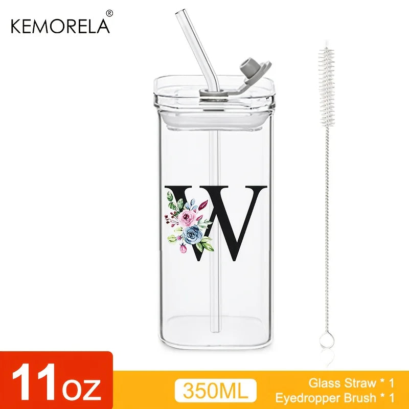 1PCS 24 Letter-Shaped Glass Tumblers with Lid And Straw Coffee Tumbler 300ML Clear Square Drinking Tumbler For Coffee Beer Milk
