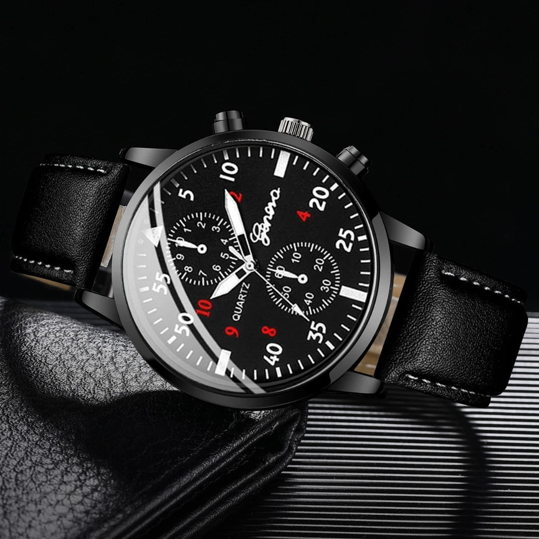 4PCS Fashion Men Business Watches Jewelry Set Casual Arabic Dial Male Leather Strap Quartz Wristwatch Reloj Hombre (Without Box)