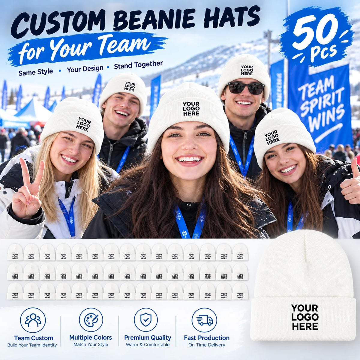 50 custom knit hats, can print personal or team logos, perfect for teams, companies, events, and group gifts