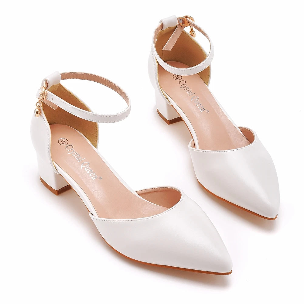 Women White Chunky Heels Wedding Shoes for Bride Closed Pointed Toe Ankle Strap Pumps