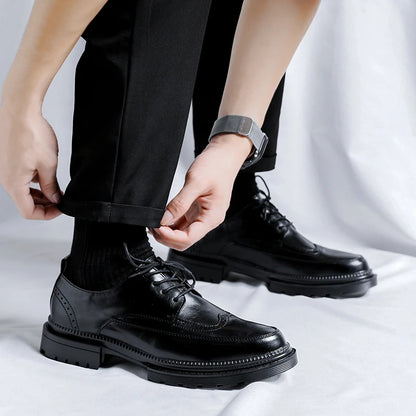 Men Korea Leather Platform Oxfords Slip on Thick Tottom for Male Derby Shoes Casual Loafers Mens Square Toe Formal Dress Shoes