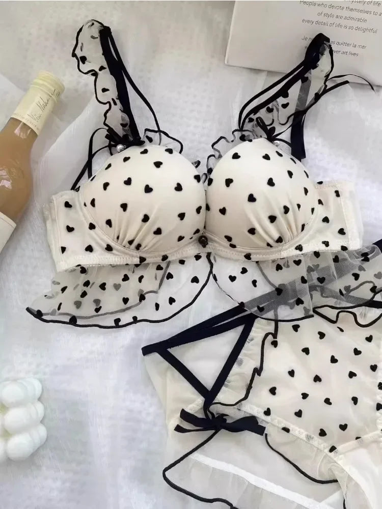 BANERDANNI Simple Light Luxury Love Printed Lace Underwear Set Women's Small Breasts Gather Sexy Pure Desire Sweet Bra Cute Bra