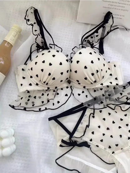 BANERDANNI Simple Light Luxury Love Printed Lace Underwear Set Women's Small Breasts Gather Sexy Pure Desire Sweet Bra Cute Bra