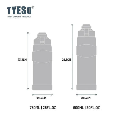 TYESO 750ML Double Wall Insulated Water Bottle Hot Water 304 Stainless Steel Flask for Fitness Outdoor Hiking Coffee Sticker