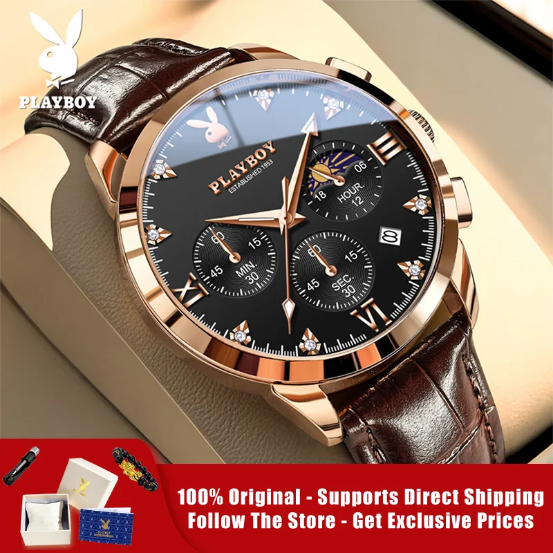 PLAYBOY 3035 Brand original authentic watches for man luxury Gift Box fashion Belt chronograph calendar quartz men's watch