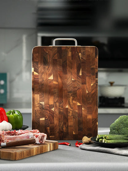 Large Acacia Wood Cutting Board, Checkerboard End Grain Butcher Block, Thick Reversible Wooden Chopping Board with Metal Handle