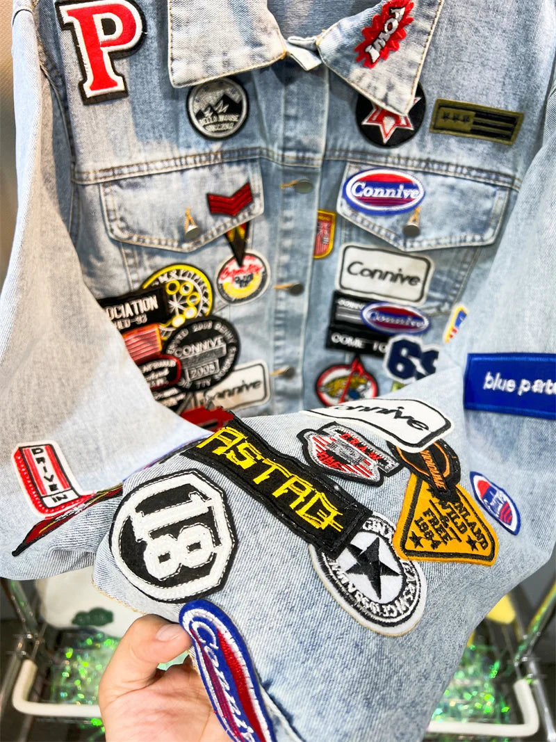 Y2K Spring and Autumn New Men's Embroidered Denim Jackets Trendy and Handsome Slim Fit Badge Jeans Coat