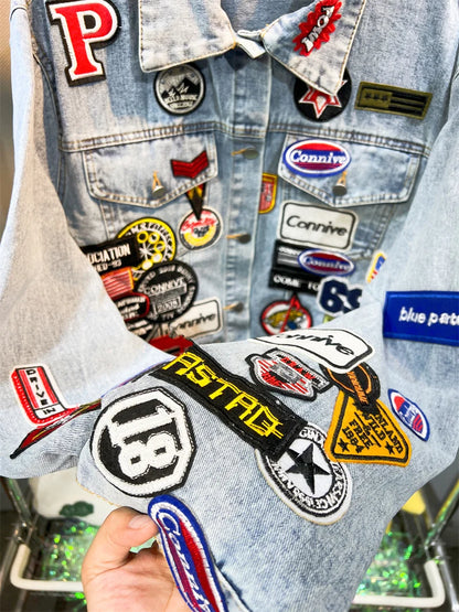 Y2K Spring and Autumn New Men's Embroidered Denim Jackets Trendy and Handsome Slim Fit Badge Jeans Coat