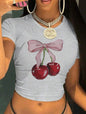 90s Chic Cropped Fashion Cherry Print Crew Neck T-shirt Y2K Short Sleeve Tight Fit Crop Top Spring Summer Women's Clothing