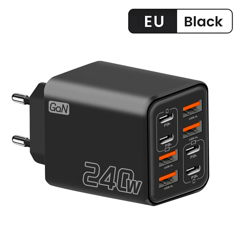 Ładowarka GaN USB C 240 W 8 w 1 Szybkie ładowanie Ładowarka do telefonu Zasilacz do iPhone'a Samsung Xiaomi Typ C Ładowarka ścienna z wtyczką EU/US