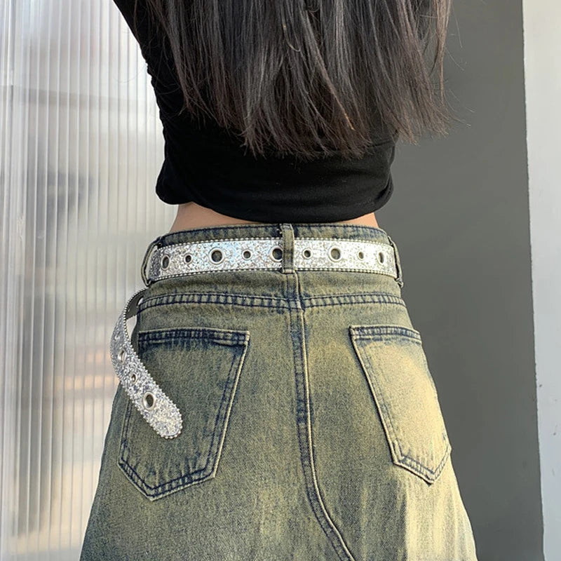 Gothic Black Silver Metal Buckle Rhinestone Belt Luxury Desiner Four Seasons Y2K Womens Jeans Belt Plus Size Men's Waistband