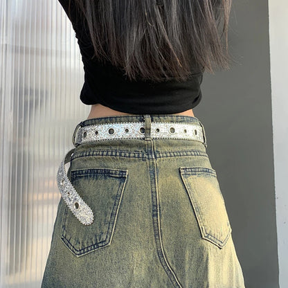 Gothic Black Silver Metal Buckle Rhinestone Belt Luxury Desiner Four Seasons Y2K Womens Jeans Belt Plus Size Men's Waistband