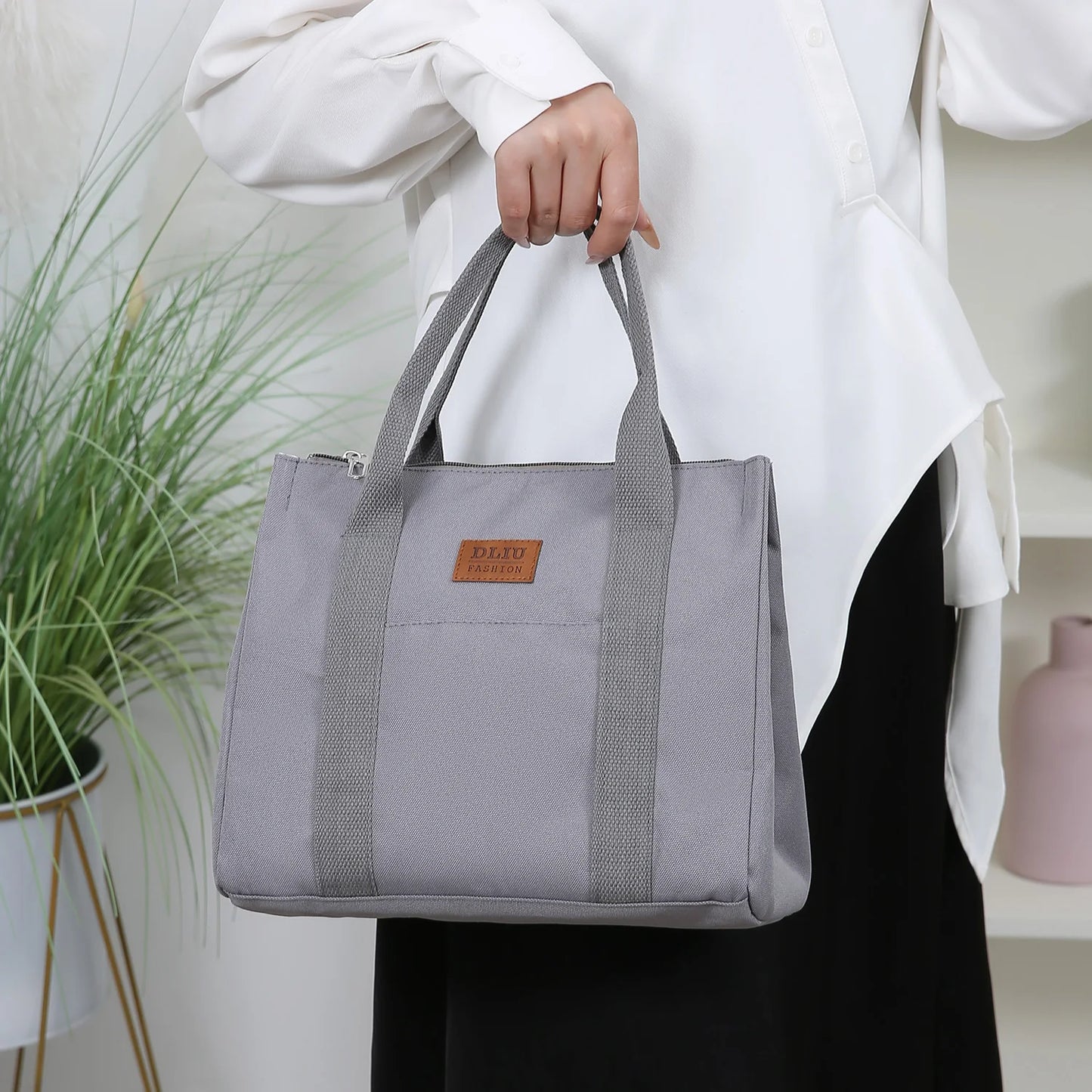 Solid Color Lunch Bag, Tote Bag with Foil Inner Zipper Closure Large Capacity Portable, Work, School, Utility Bag with Meals