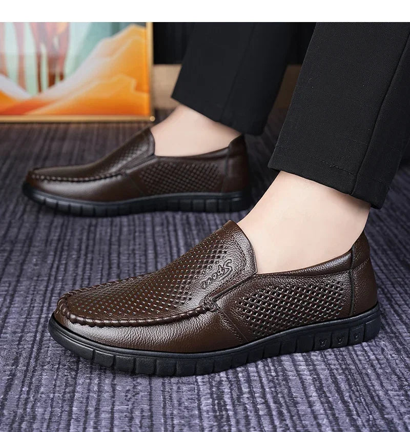 Men's Slip-On Loafers Summer Hollow Out Breathable Casual Shoes Comfortable Soft Sole Anti-Slip Leather Shoes-8822