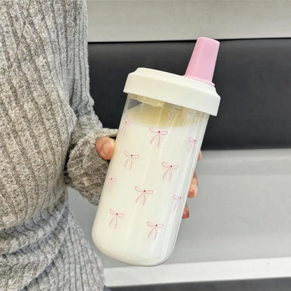 500/700Ml Pink Bow Water Cup With Straw Coffee Bubble Milk Tea Plastic Cup Large Capacity Students Water Bottle Straw Bottle
