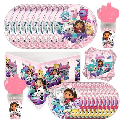 Gabby Dollhouse Birthday Party Supplies Plates Cups Tablecloth Napkins Gabby Cat Birthday Decoration Supply Kit Kids Party Favor