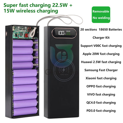 20*18650 Detachable Power Bank Case 22.5W PD QC3.0 Quick Wireless Charging DIY Shell With LED Lighting 18650 Battery Storage Box
