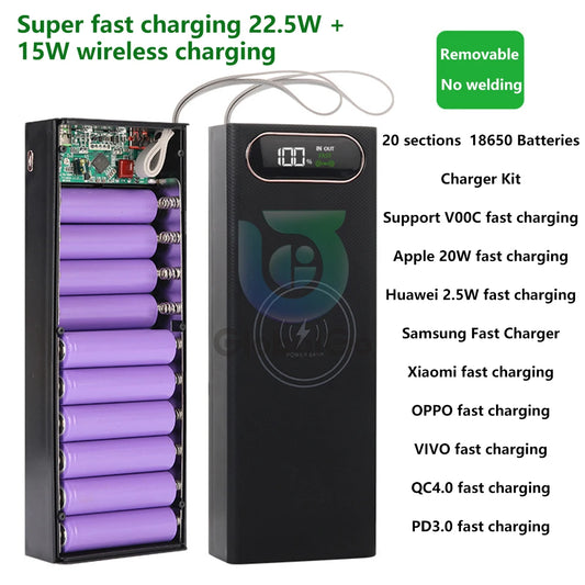 20*18650 Detachable Power Bank Case 22.5W PD QC3.0 Quick Wireless Charging DIY Shell With LED Lighting 18650 Battery Storage Box