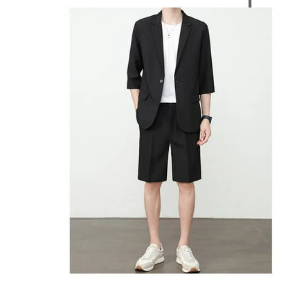 KIDWHXR Summer Men Outfit Thin Breathable Solid Color Male 2-piece Suit Set Loose Business Casual Man Short Sleeve Suits