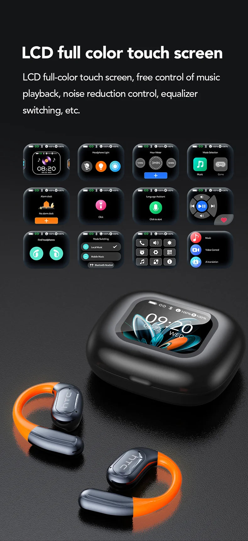 NE27 Bluetooth V5.4 Earphones OWS Sports Bluetooth Wireless Headphones AI Translator Earbuds LCD Touch Screen Open-Ear
