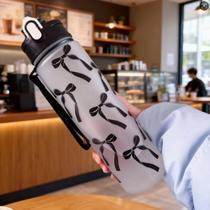 Water Bottle with Full Print of Flowers and Bowknot Patterns, Trendy & Stylish, Lightweight with Portable Lanyard, Durable