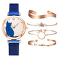 Direct Delivery 5 Pieces/Set Women Watches Rose Gold Bracelet Set Cat Pattern Magnet Black Watch Ladies Watches Quartz Clock