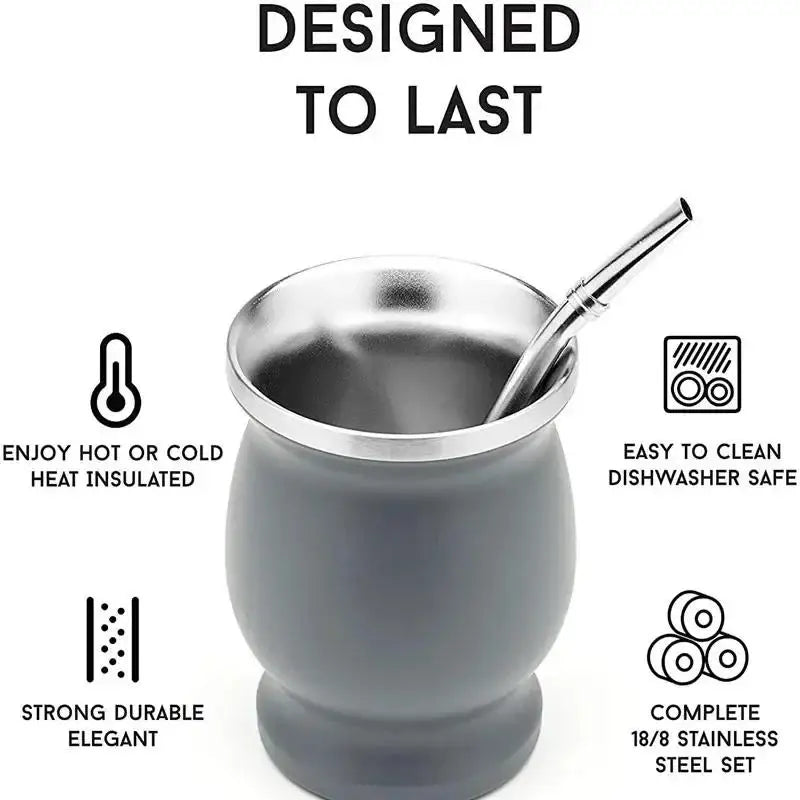 230ML Mate Cup 304 Stainless Steel Double Wall 8oz Portable Tea Mug Mate Tea Gourd With 2 In 1 Straw Spoon Give Cleaning Brush