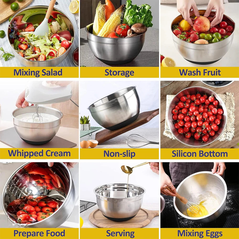 LMETJMA 6 Pcs Stainless Steel Mixing Bowls with Black Lids Kitchen Nesting Salad Mixing Bowl With Non-slip Silicone Bottom JT327